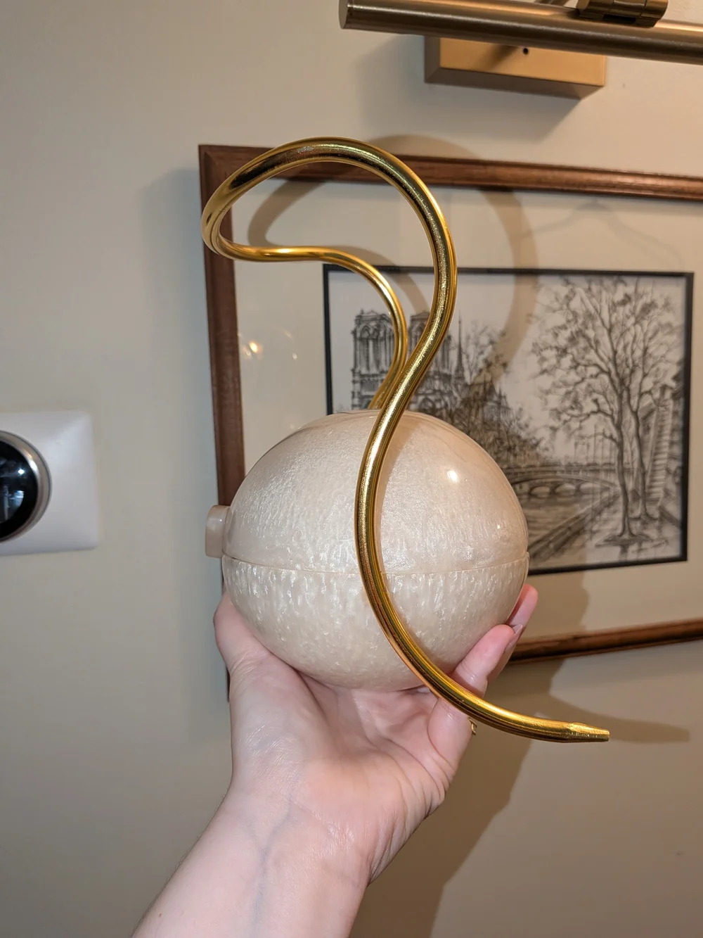 Stunning Pearl Sphere Orb Clutch with Polished Gold Metal Top Handle